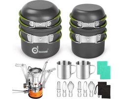 Campingservies, 16 stuks, voor 2 personen, outdoor kookgerei van aluminium en roestvrij staal, opvouwbaar, mini-campingkooktoestel voor outdoor, servies, picknick en wandelen