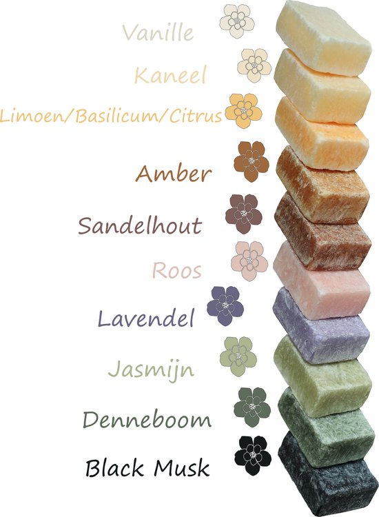 Tien amberblokjes in diverse kleuren en texturen, gerangschikt op een zilveren dienblad.