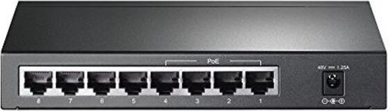 Achterkant van de zwarte TP-Link TL-SG1008P 8-poorts Gigabit desktop switch met 4-PoE poorten.