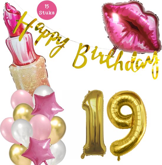 Snoes Beauty Helium Ballonnen Set 19 Jaar - Roze Folieballonnen - Slinger Happy Birthday Goud