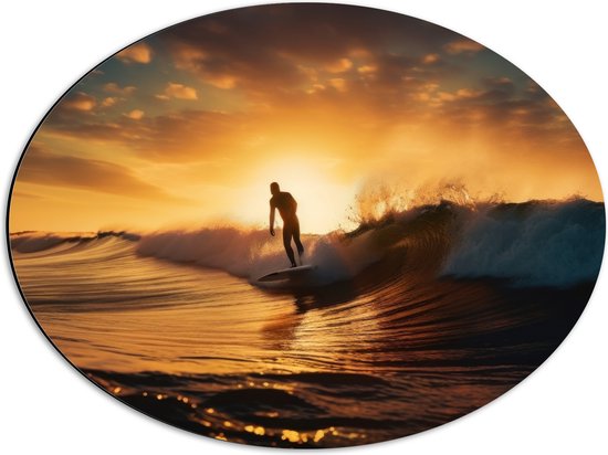 Dibond Ovaal - Surfer in Actie tijdens Zonsondergang - 56x42 cm Foto op Ovaal (Met Ophangsysteem)