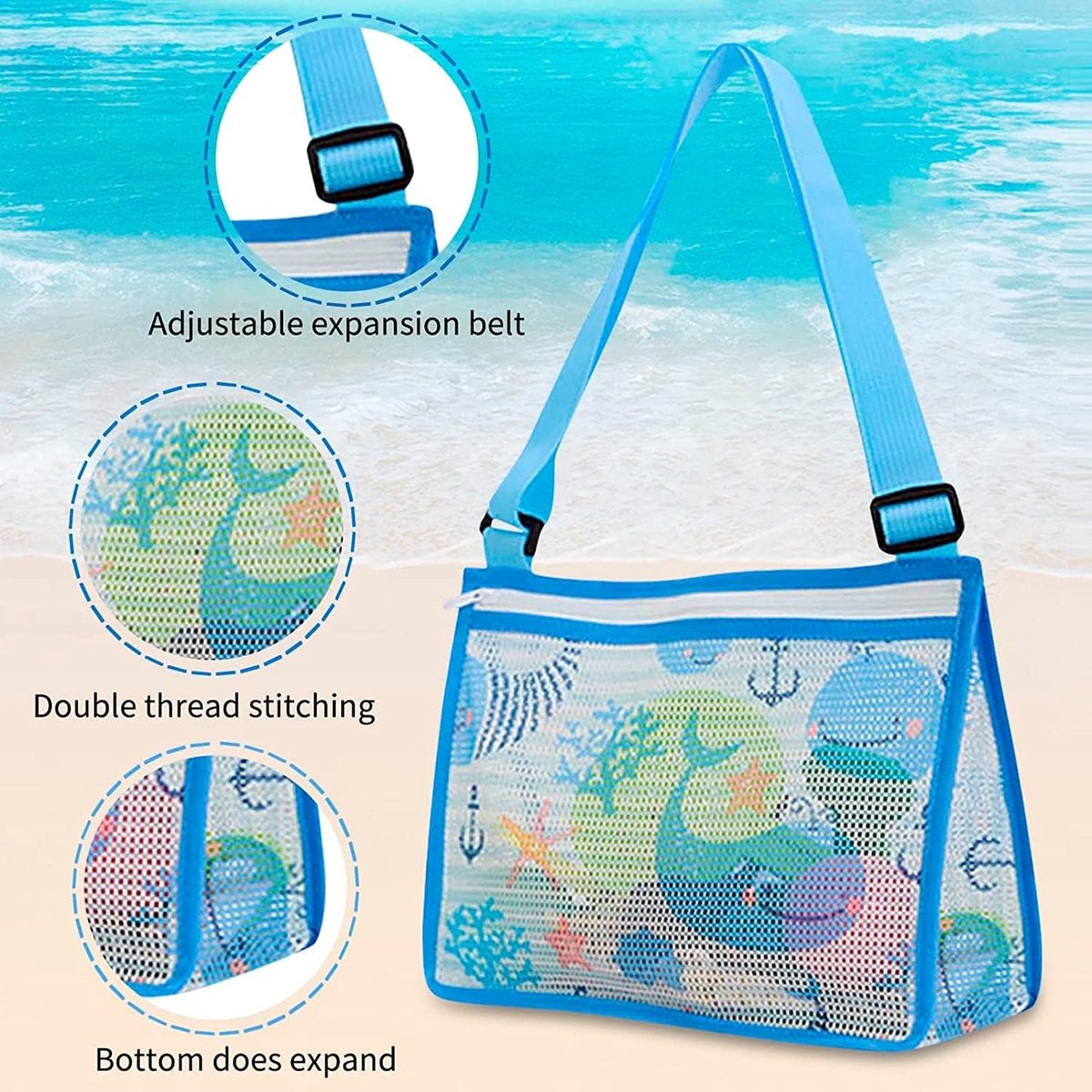 4 Pièces Sac de Plage Sac à Jouets de Plage Sac Collecteur de Coquillages de Plage