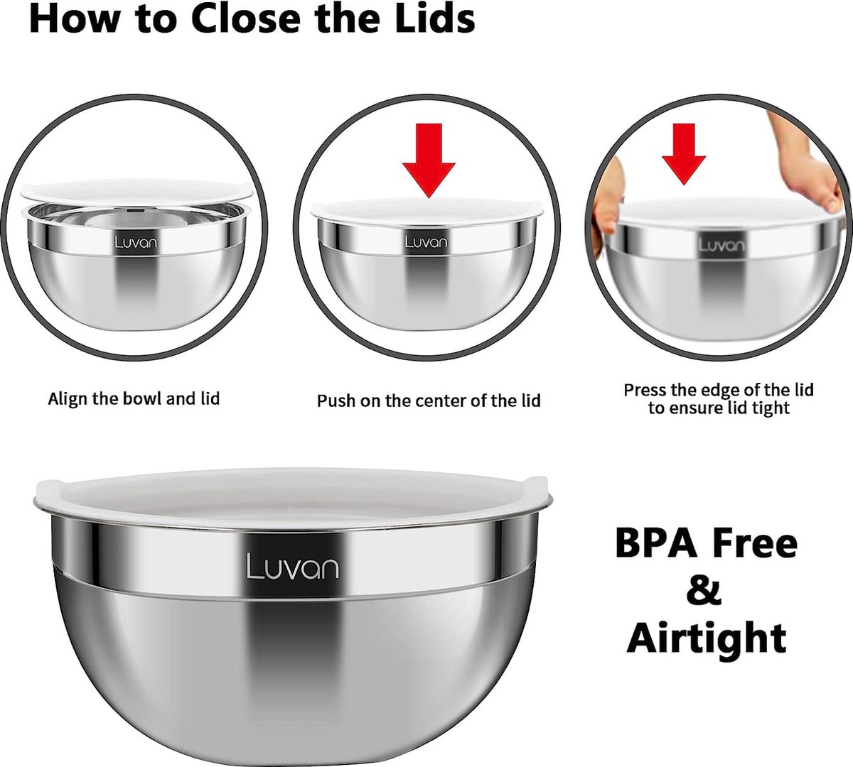 Luvan mixing bowl with airtight lids Set of 6,304 stainless steel metal nesting bowls for space-saving storage, BPA-free lids, ideal for mixing