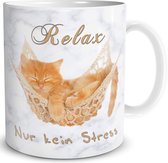 Mok kat Relax geen stress met spreuk grappige kattenmotief cadeau ontspanning voor kattenliefhebbers vrouwen vriendin