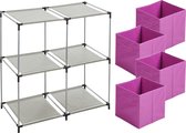 Urban Living Kastmandjes/opberg manden - paars - 4x stuks van 29L - Metalen rekje is 67 x 68 cm