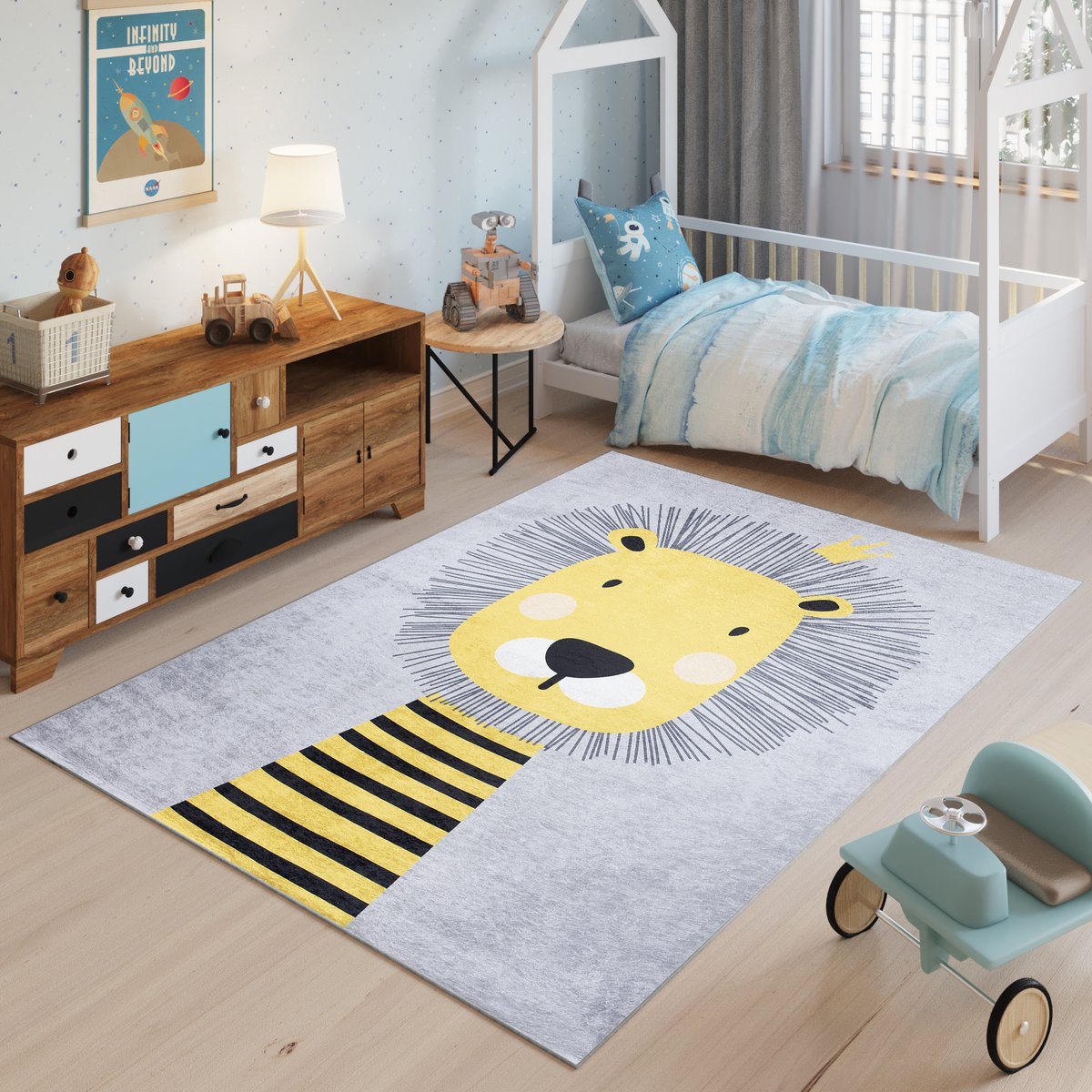 Tapiso Emma Vloerkleed Kindertapijt Leeuw Kinderkamer Baby Kinderen Tapijt Maat- 160x230 Grijs Geel 2