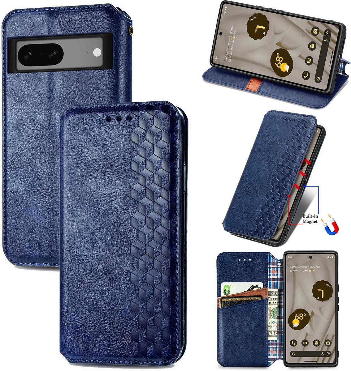 Luxe PU Lederen Ruitpatroon Wallet Case + Glas Screenprotector voor Pixel 7A _ Blauw