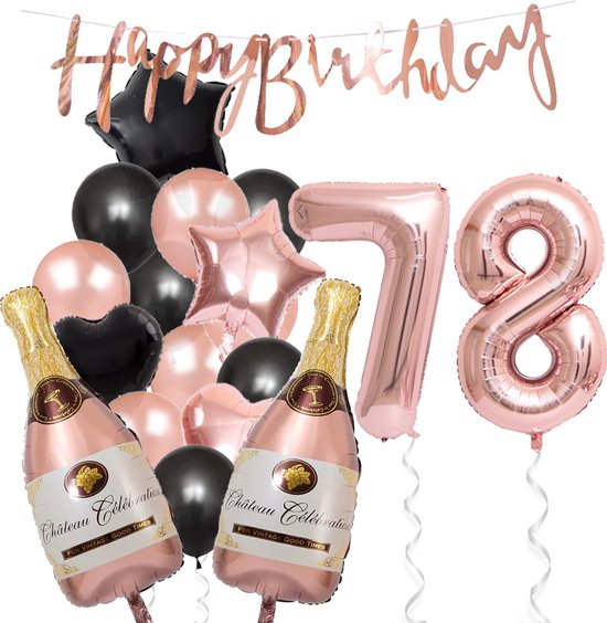 78 Jaar Verjaardag Cijferballon 78 - Feestpakket Snoes Ballonnen Pop The Bottles - Rose Zwart Versiering
