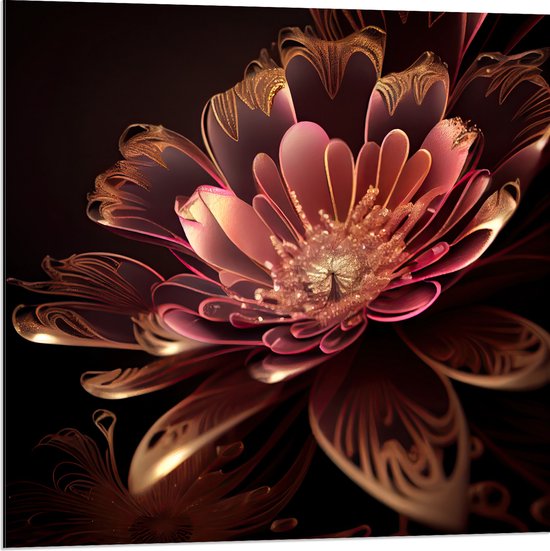 Dibond - Roze Bloem met Rosé Gouden Details - 80x80 cm Foto op Aluminium (Met Ophangsysteem)