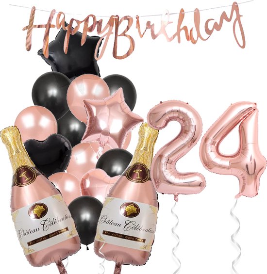 24 Jaar Verjaardag Cijferballon 24 - Feestpakket Snoes Ballonnen Pop The Bottles - Rose Zwart Versiering