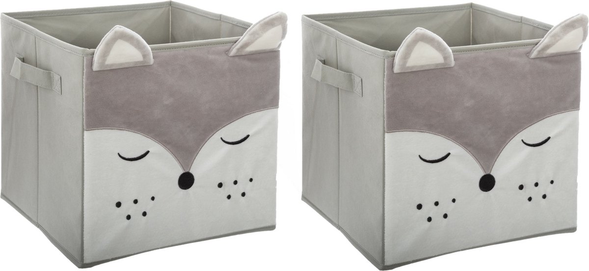 Atmosphera Opbergmand/kastmand vos - 2x - voor kinderen - karton/kunststof - grijs - 30 x 30 cm