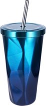 Roestvrijstalen tumbler met stro dubbelwandig drinkbeker koffiebekers 500ml onregelmatige diamant met deksel (blauw-groen)