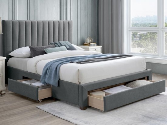 Bed met 3 lades - 140 x 200 cm - Stoffen bekleding - Grijs - LIAKO L 154 cm x H 123 cm x D 217 cm