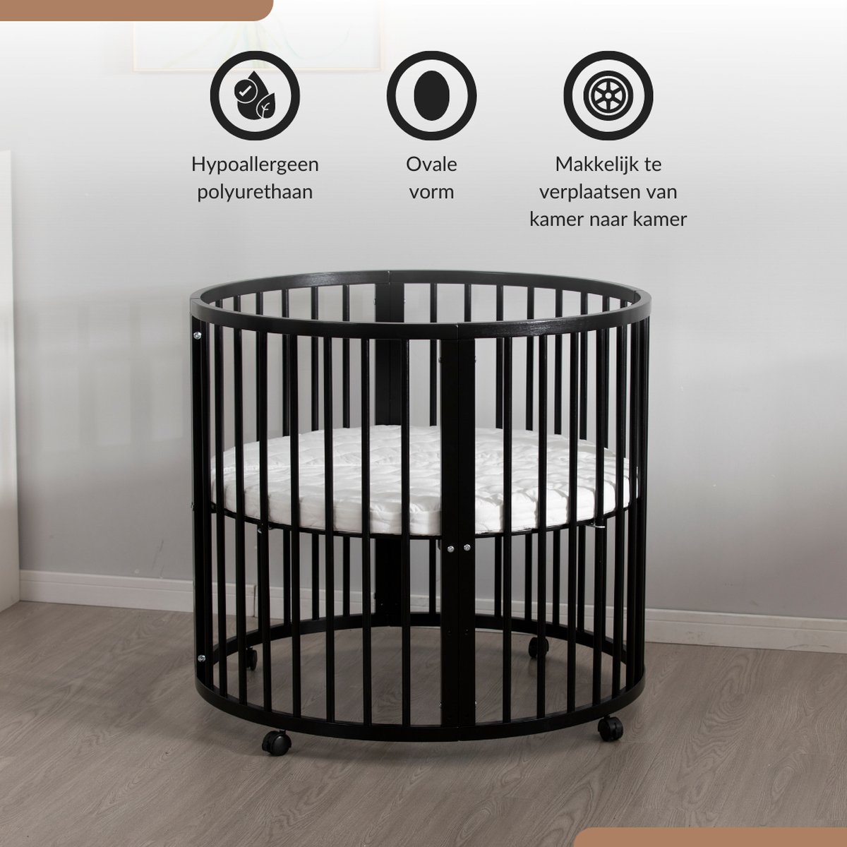 Buxibo Baby Box - Grondbox - Speelbox - Playpen - Kinderbox - Rond - Inclusief Matras - Op Wielen - 92x92x80.5cm - Zwart – foto 5