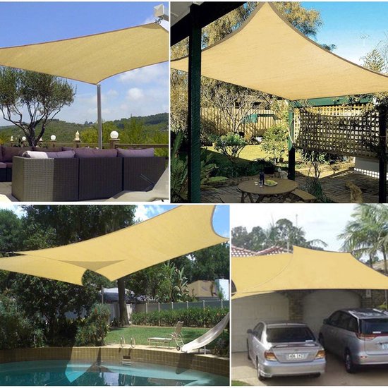 Defacto Zonnezeil, waterdicht, rechthoekig, 3 x 4 m, uv-bescherming en weerbestendig, zonwering, set inclusief bevestigingskoorden met 4 stangen, voor balkon, terras, camping, polyester, beige