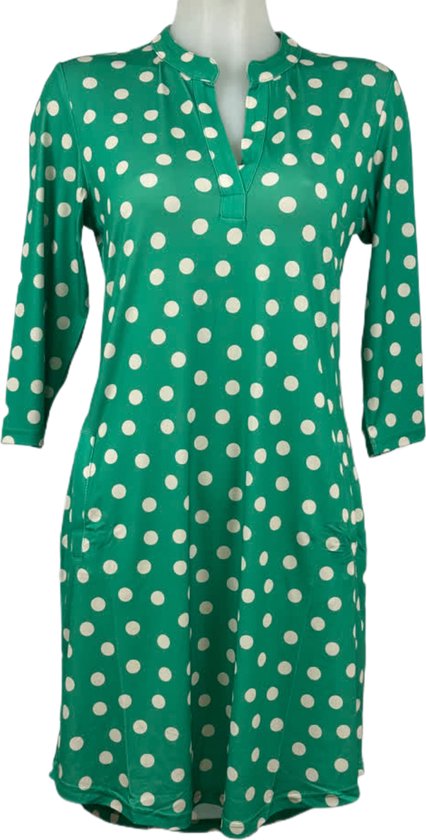 Angelle Milan – Travelkleding voor dames –Groen/wit gestipte Jurk – Ademend – Kreukherstellend – Duurzame jurk - In 5 maten - Maat M