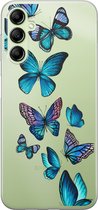 Leuke Telefoonhoesjes - Hoesje geschikt voor Samsung Galaxy A14 5G - Vlinders blauw - Soft case - TPU - Print / Illustratie - Transparant, Blauw