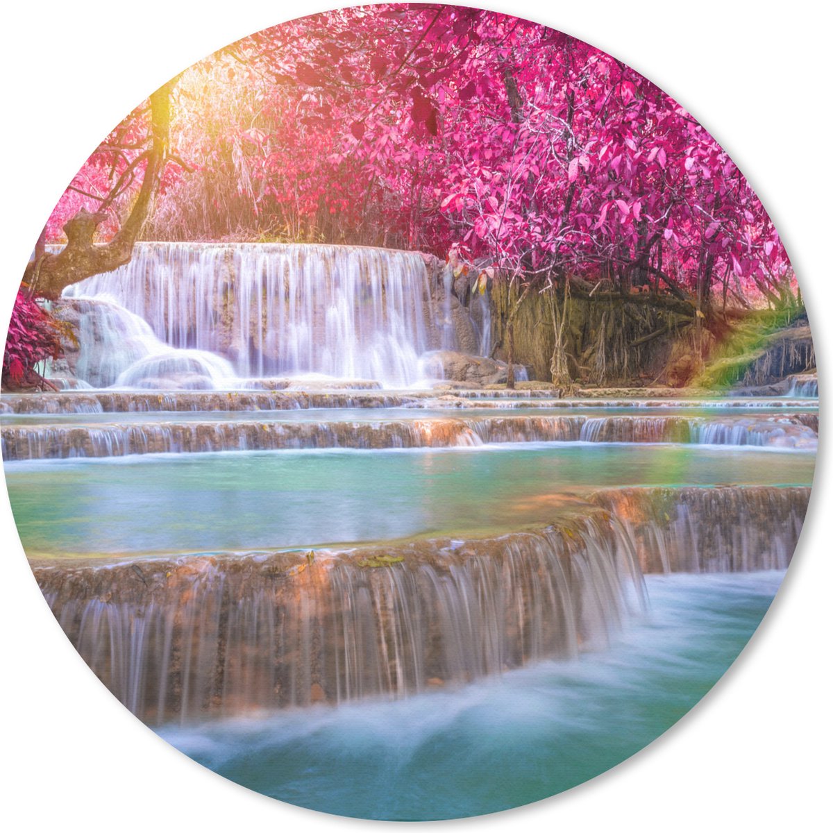 Muismat rond 40x40 cm - Mousepad Waterval - Regenboog - Bomen - Roze - Natuur - Ronde muismatten