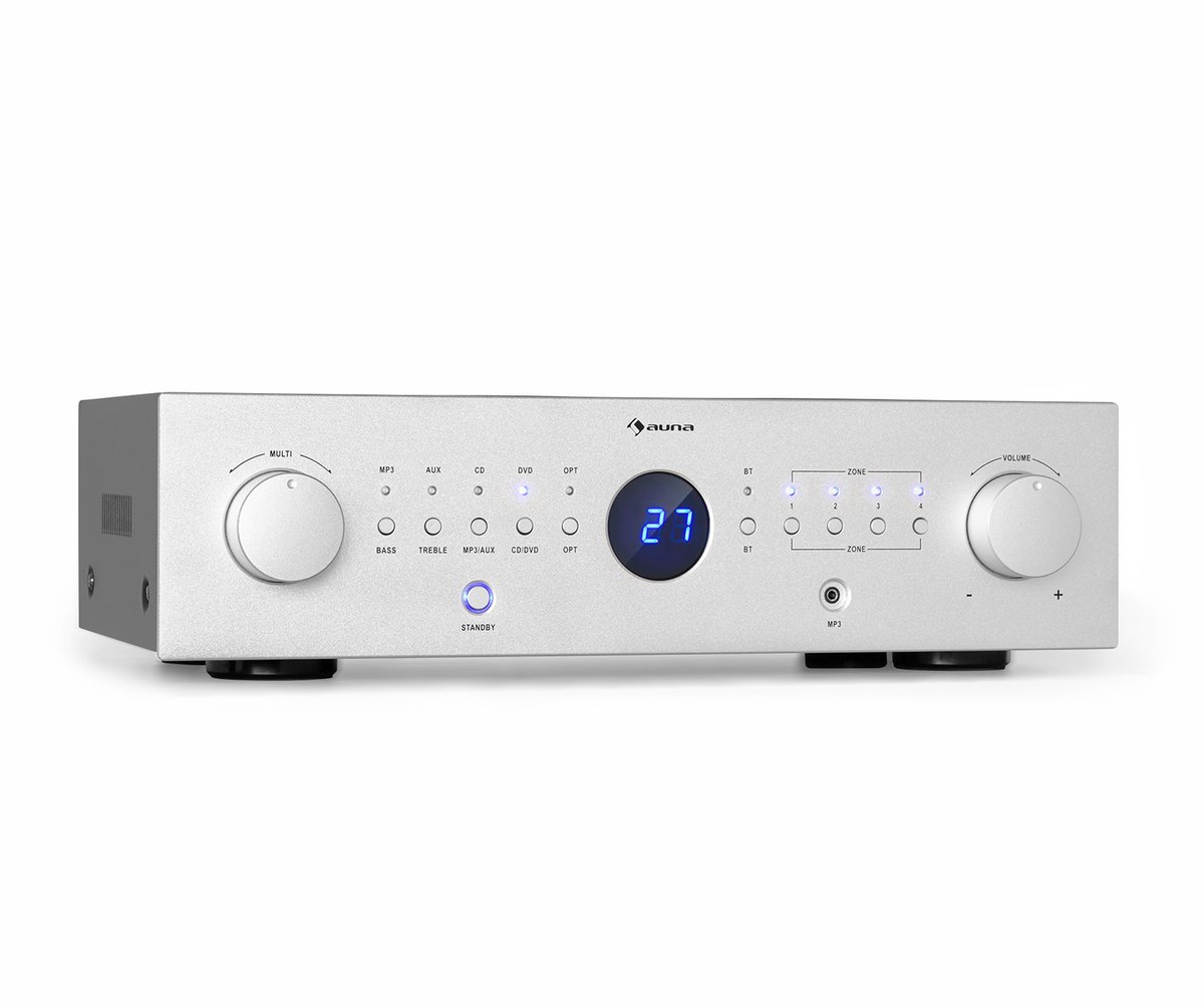 Auna Versterker, HiFi Stereo Mini Versterker, HiFi-versterker met Bass- en Treble-regelaar, 4-kanaals Audioversterker, Stereo Versterker & Luidsprekers met Afstandsbediening & AUX-ingang, AV-receiver