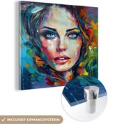MuchoWow® Glasschilderij 90x90 cm - Schilderij acrylglas - Gezicht - Vrouw - Olieverf - Kleurrijk - Kunst - Foto op glas - Schilderijen