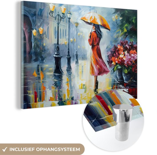 MuchoWow® Glasschilderij 30x20 cm - Schilderij acrylglas - Olieverf - Paraplu - Vrouw - Straat - Kunst - Foto op glas - Schilderijen