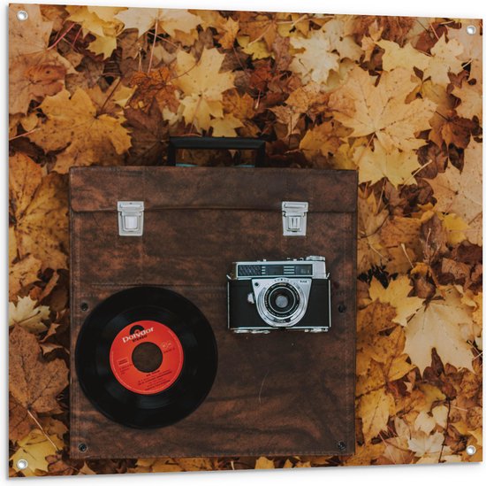 Tuinposter – Muziekplaat en Vintage Camera op Koffer tussen de Herfstbladeren - 100x100 cm Foto op Tuinposter (wanddecoratie voor buiten en binnen)