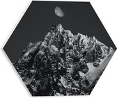 PVC Schuimplaat Hexagon - Bergen - Sneeuw -Maan - Zwart - Wit - 30x26.1 cm Foto op Hexagon (Met Ophangsysteem)
