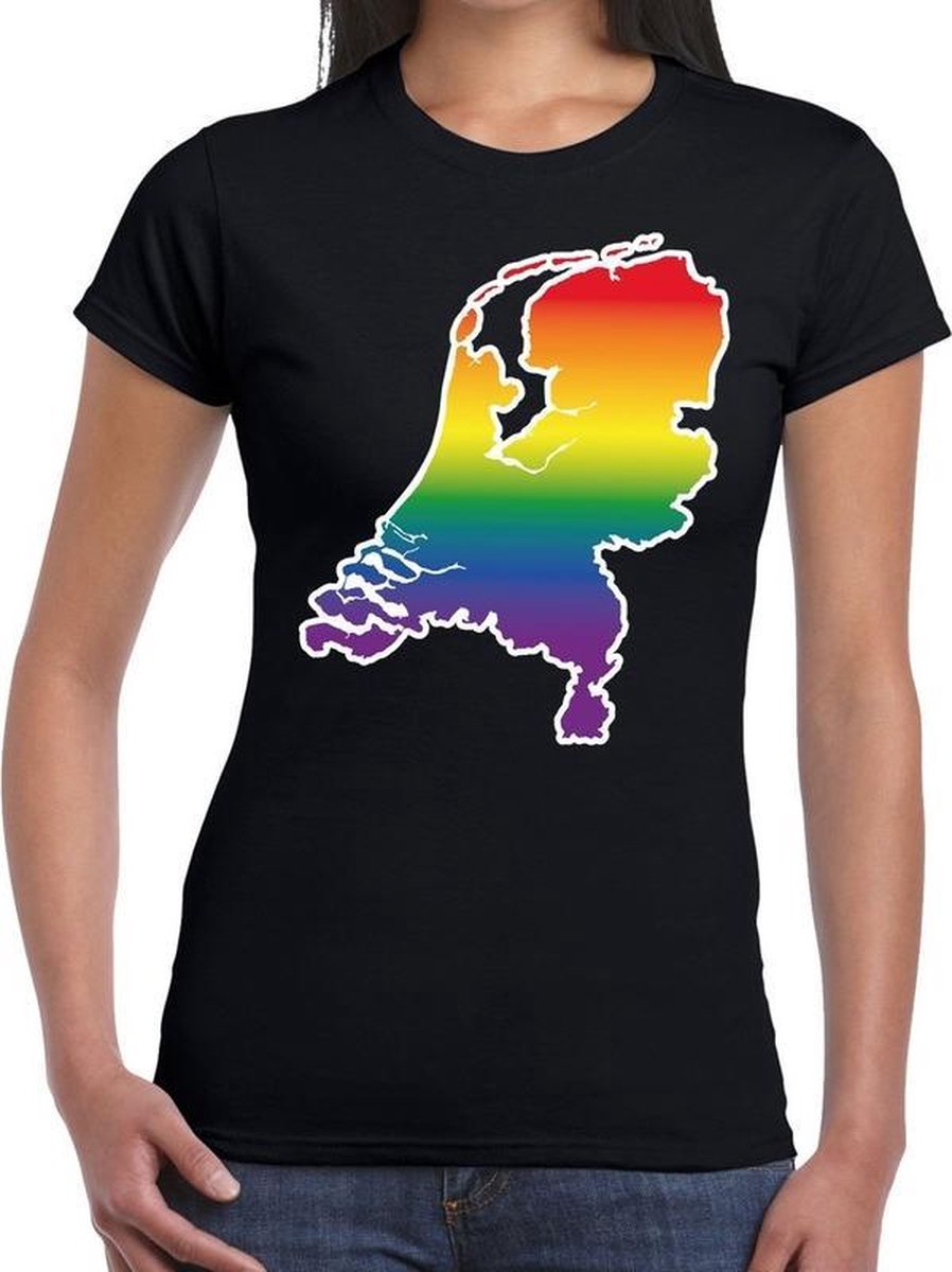 Afbeelding van product Bellatio Decorations  Holland/Nederland regenboog - gay pride t-shirt zwart voor dames - lgbt kleding XL  - maat XL