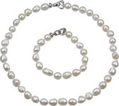 Zoetwater parel set Big Round Pearl - echte parels - parelketting + parel armband - wit - zilver