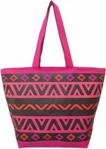 Damestas strandtas Itza met aztec print roze/zwart 58 cm - Dames handtassen - Shopper - Boodschappentassen