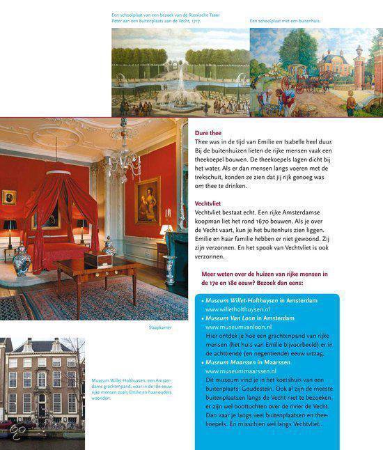 Boekpagina met tekst over Vechtvliet en een illustratie van een interieur en een gebouw.