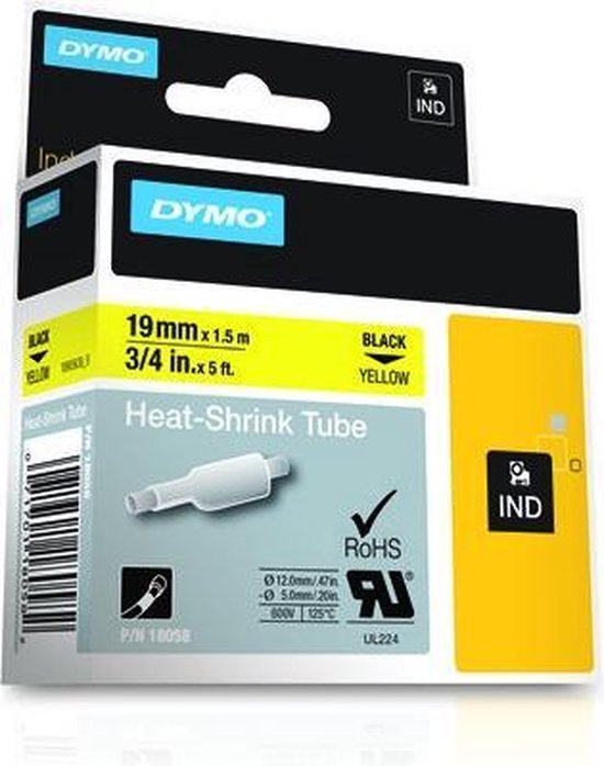 Verpakking DYMO Rhino Heat-Shrink Tube labels, 19 mm x 1,5 m, zwarte tekst op gele achtergrond. SKU en barcodes zichtbaar.
