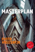 Boekcover 'Masterplan' met een foto van een wenteltrap in een vervallen gebouw. De titel 'Masterplan' is groot in witte letters afgebeeld.