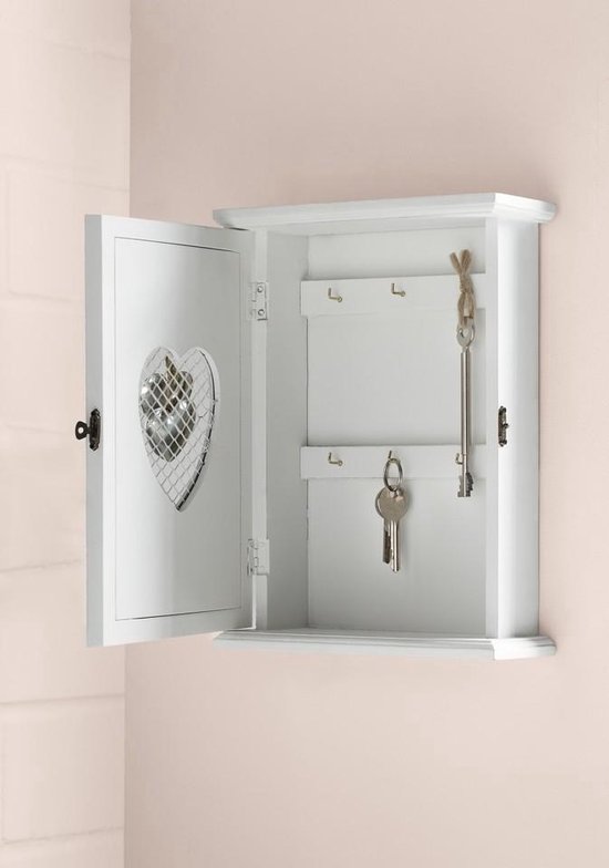 Home & Deco houten Sleutelkastje wit met zilveren hart 22 x 8 x 29 cm | bol.com