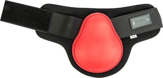 Zwarte peesbeschermer met rode bescherming en klittenbandsluiting. Het merk "HKM Premium" staat erop.