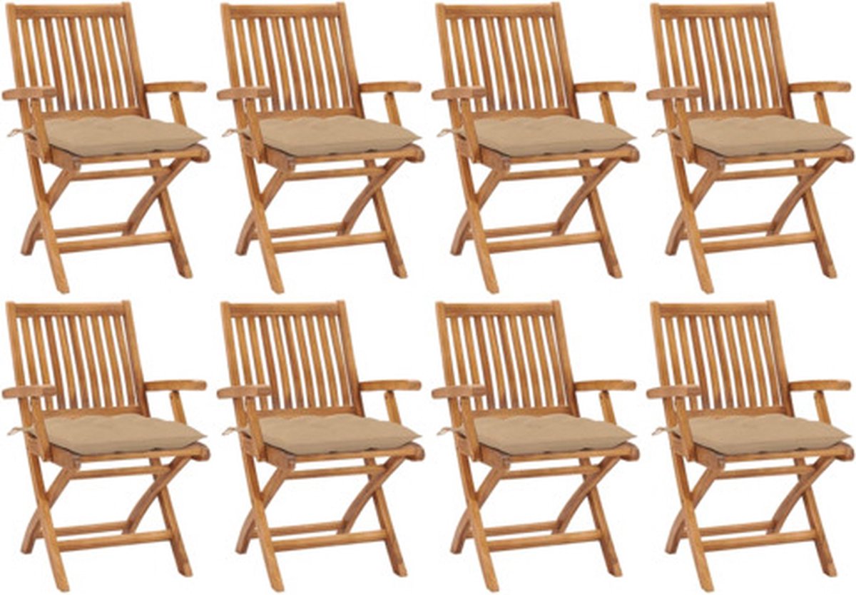 vidaXL - Tuinstoelen - 8 - st - inklapbaar - met - kussens - massief - teakhout