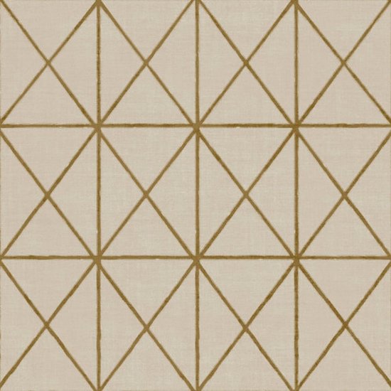 Beige behang met een goudkleurig grafisch rasterpatroon van vierkanten met diagonale lijnen.