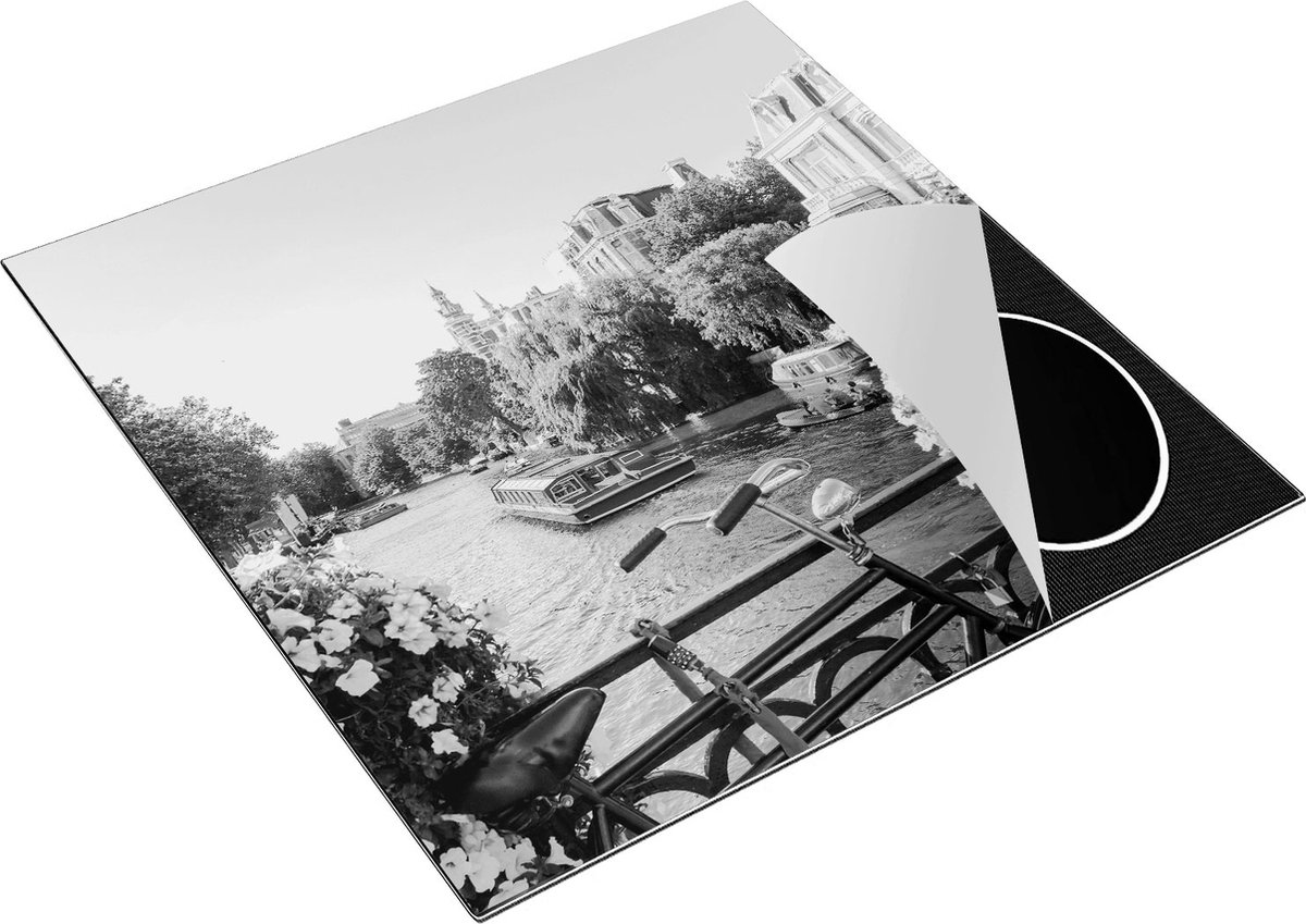 Chefcare Inductie Beschermer Amsterdamse Kanaal met Bloemen - Zwart Wit - 78x78 cm - Afdekplaat Inductie - Kookplaat Beschermer - Inductie Mat