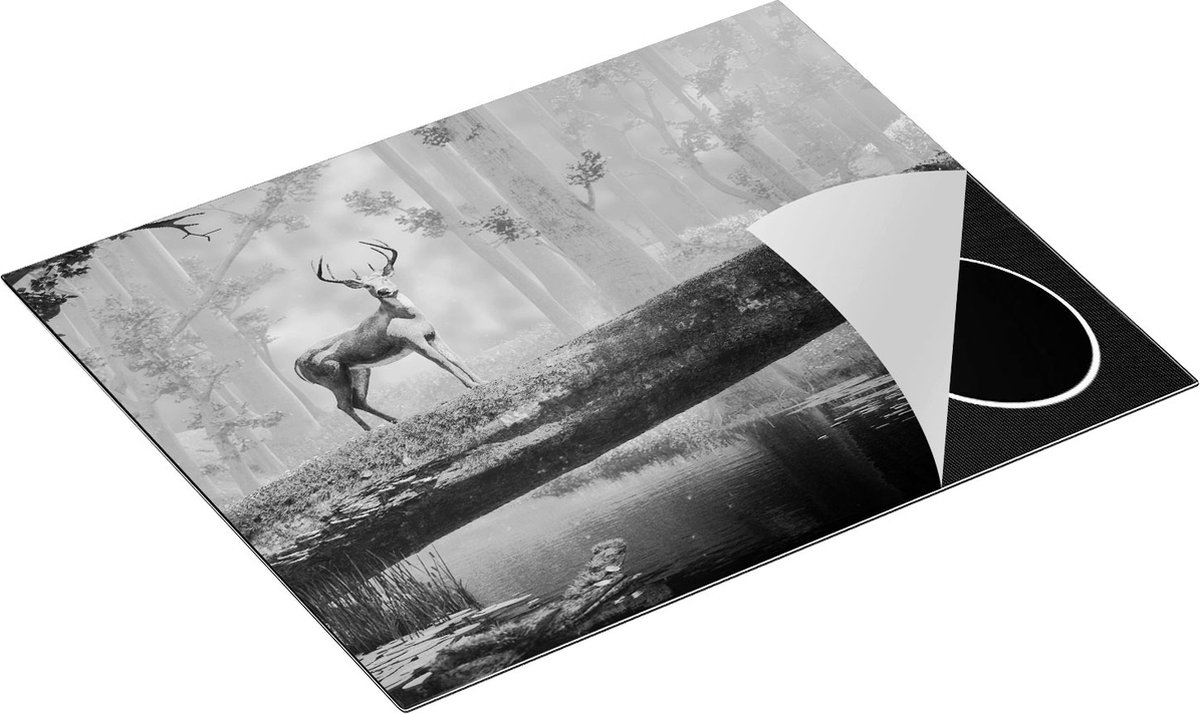 Chefcare Inductie Beschermer Hert in het Bos op een Boom - Zwart Wit - 65x52 cm - Afdekplaat Inductie - Kookplaat Beschermer - Inductie Mat