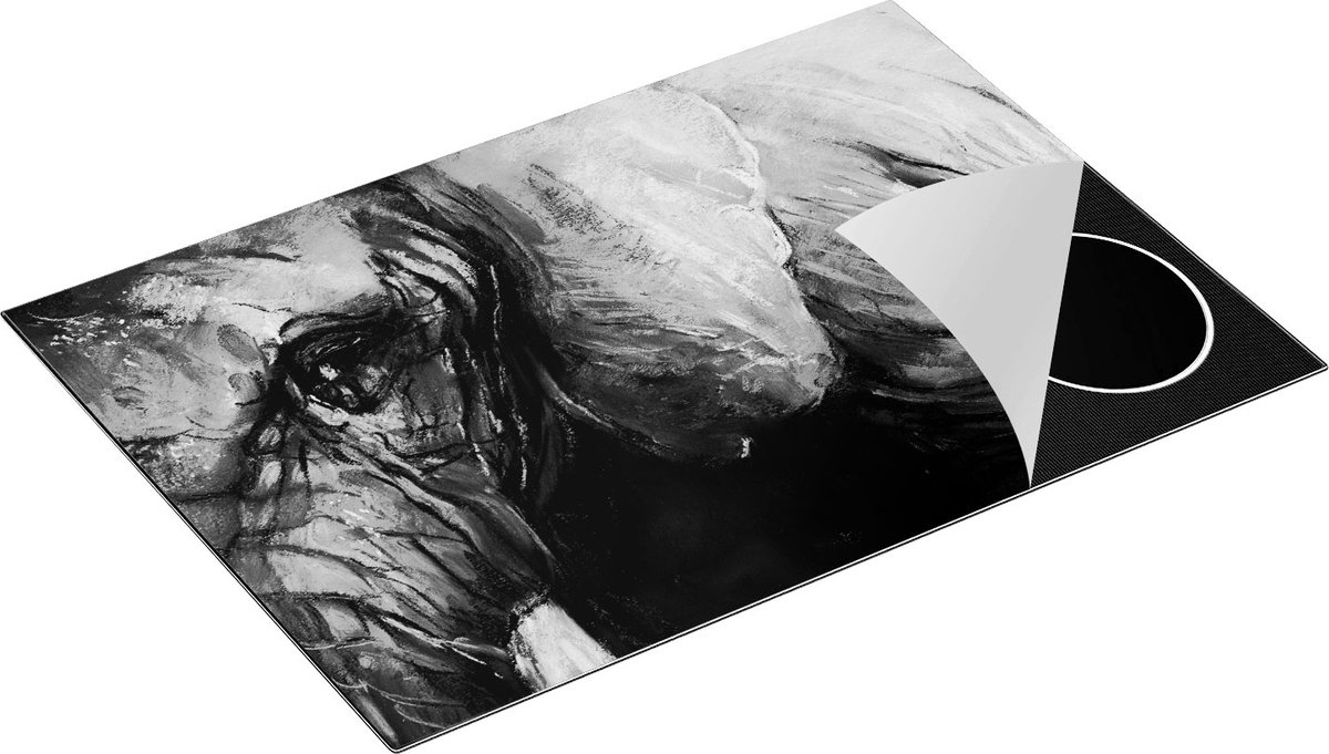 Chefcare Inductie Beschermer Getekende Olifant van Dichtbij - Abstract - Zwart Wit - 75x50 cm - Afdekplaat Inductie - Kookplaat Beschermer - Inductie Mat