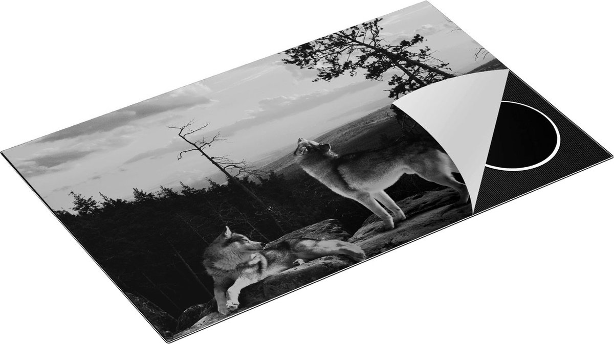 Chefcare Inductie Beschermer Drie Wolven op een Rots in het Bos - Zwart Wit - 85x50 cm - Afdekplaat Inductie - Kookplaat Beschermer - Inductie Mat
