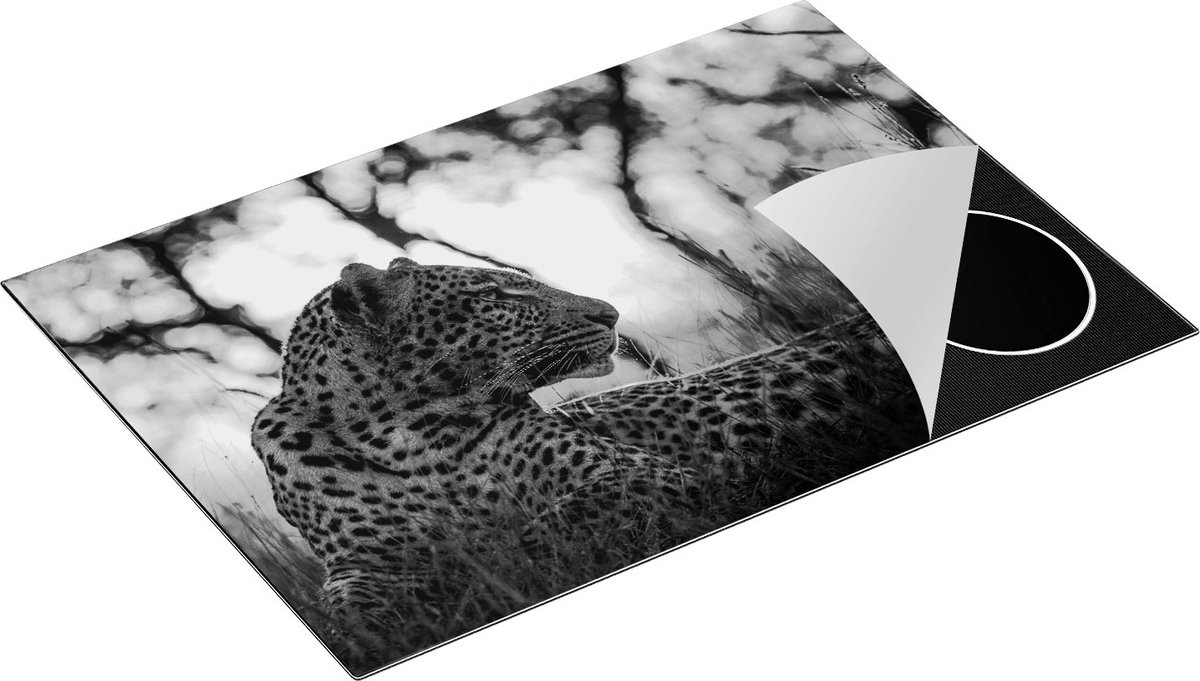 Chefcare Inductie Beschermer Luipaard tijdens de Zonsondergang - Zwart Wit - 76x51,5 cm - Afdekplaat Inductie - Kookplaat Beschermer - Inductie Mat