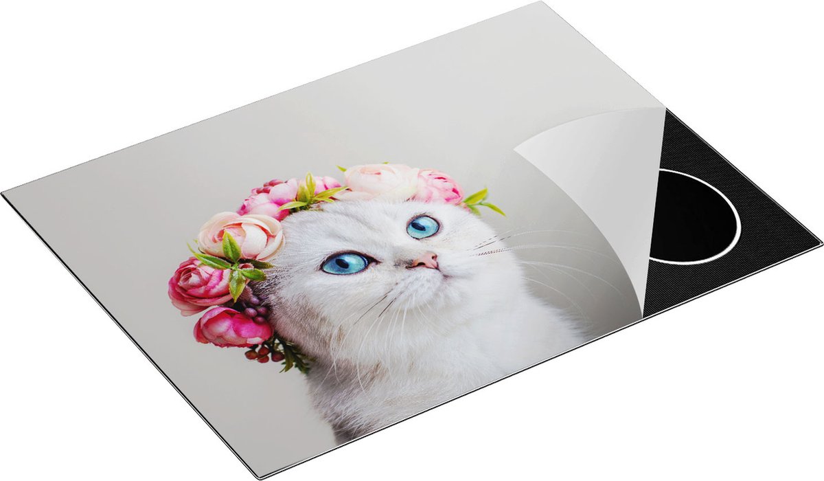 Chefcare Inductie Beschermer Kat met een Bloemen Kroon - 71x52 cm - Afdekplaat Inductie - Kookplaat Beschermer - Inductie Mat