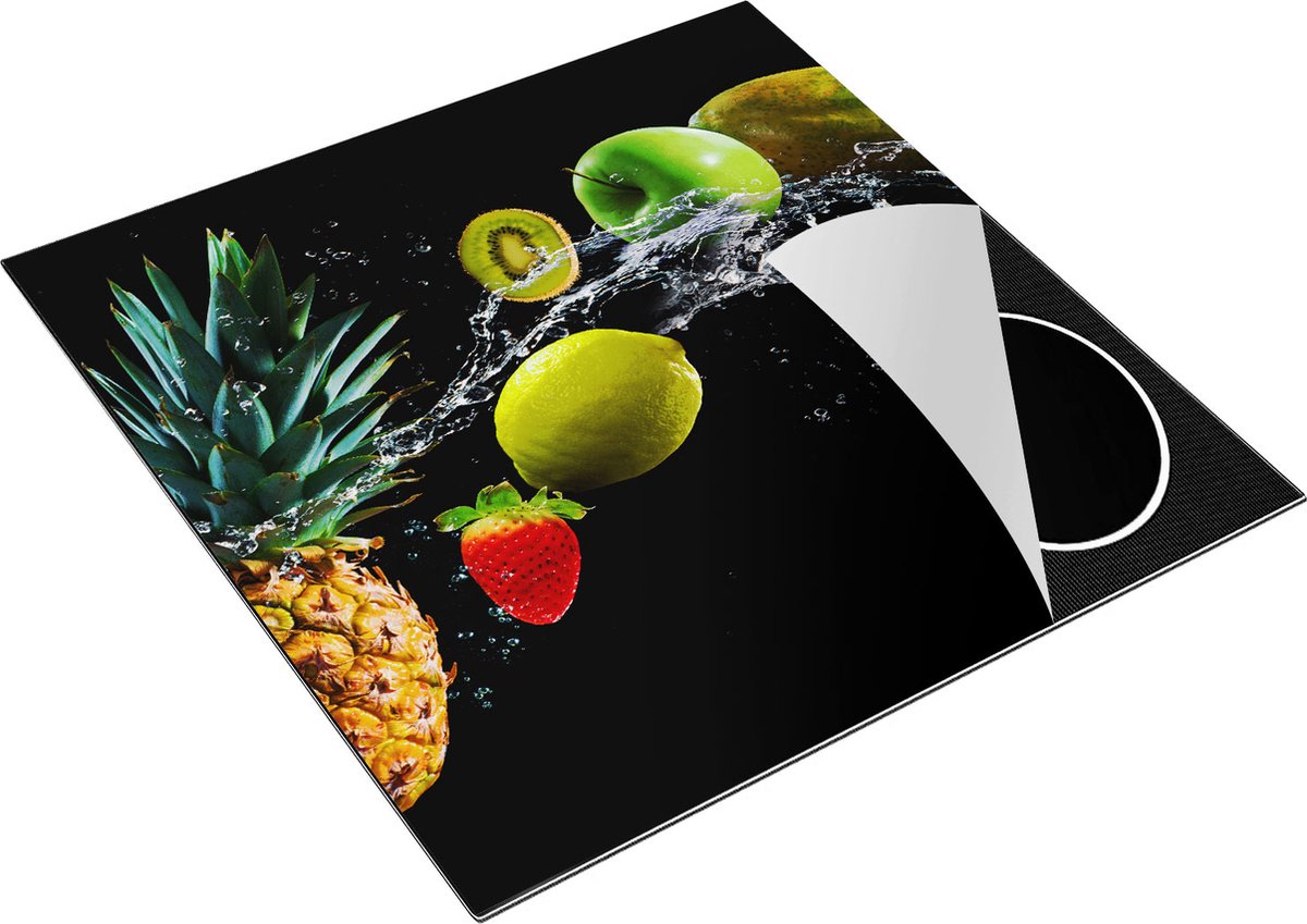 Chefcare Inductie Beschermer Fruit met Water op Zwart Achtergrond - 78x78 cm - Afdekplaat Inductie - Kookplaat Beschermer - Inductie Mat