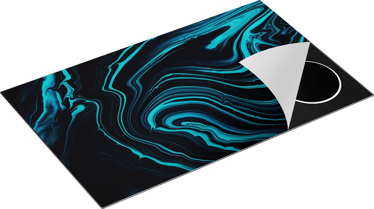 Chefcare Inductie Beschermer Abstracte Kunst - Aqua Blauw met Zwart - 85x52 cm - Afdekplaat Inductie - Kookplaat Beschermer - Inductie Mat