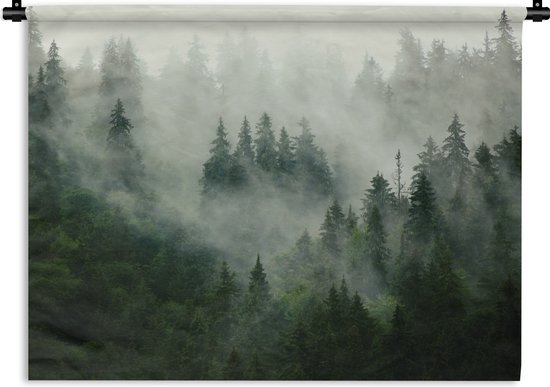 Wandkleed - Wanddoek - Bos - Mist - Bomen - Natuur - 60x45 cm - Wandtapijt