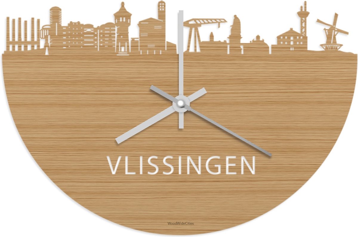 Skyline Klok Vlissingen Bamboe hout - Ø 40 cm - Stil uurwerk - Wanddecoratie - Meer steden beschikbaar - Woonkamer idee - Woondecoratie - City Art - Steden kunst - Cadeau voor hem - Cadeau voor haar - Jubileum - Trouwerij - Housewarming -