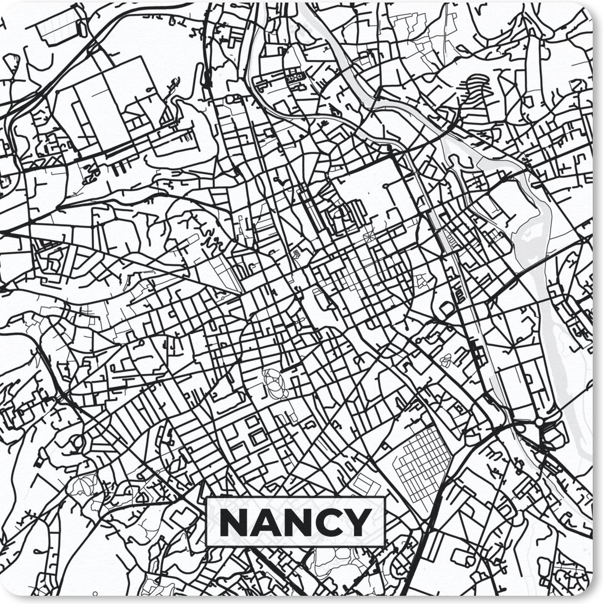 Muismat 30x30 cm - Mousepad Stadskaart - Plattegrond - Nancy - Kaart - Frankrijk - Zwart wit - Muismatten - Stadskaart