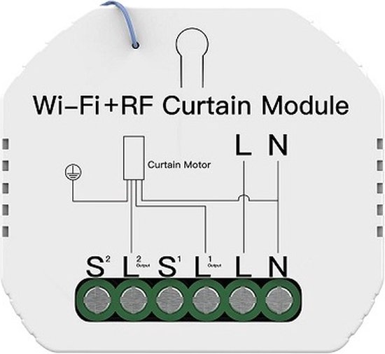 Witte Wi-Fi+RF Curtain Module met schroefklemmen voor bedrading en markeringen.