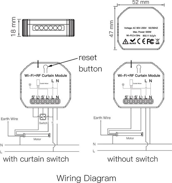 Dimensies en bedradingsschema's voor de Wi-Fi+RF Curtain Module.